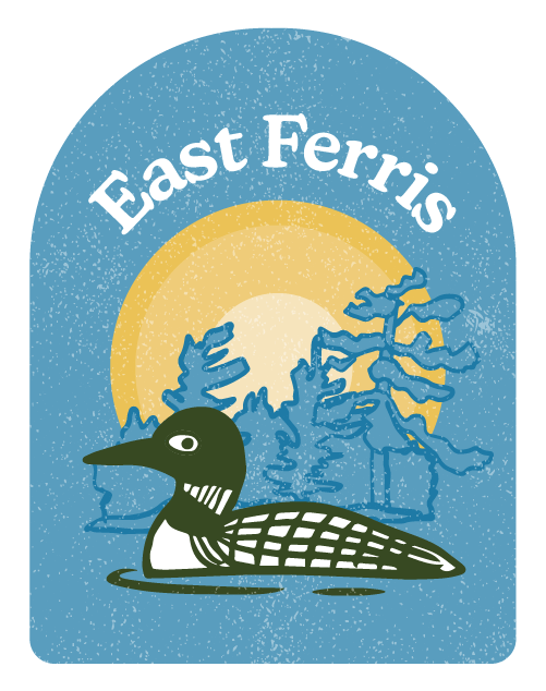 Illustrated blue and yellow East Ferris badge with a loon in the center, and silhouettes in front of the sun in the background.