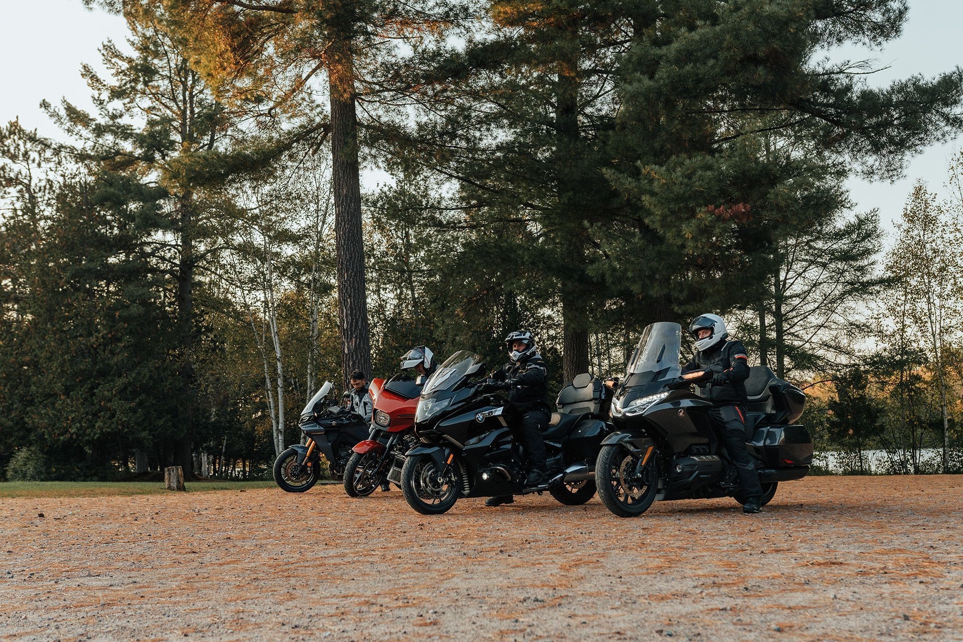 Quatre motos sont arrêtées devant de grands pins, l’automne.