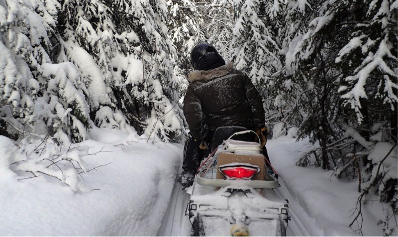Une motoneige s'avance dans un sentier de motoneige étroit et enneigé. La neige est fraîche, le sentier est poudreux et les arbres sont lourds de neige. 
