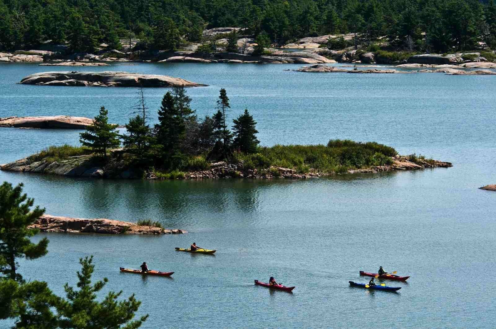 Image aérienne. Un convoi de kayak s'avance sur un plan d'eau, d'où emmergent des rochers. Les îles et les rivages sont meublés de grands pins blancs.
