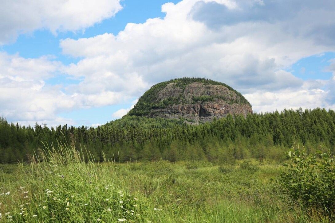 a large dome shaped rock formation in the middle of a green field