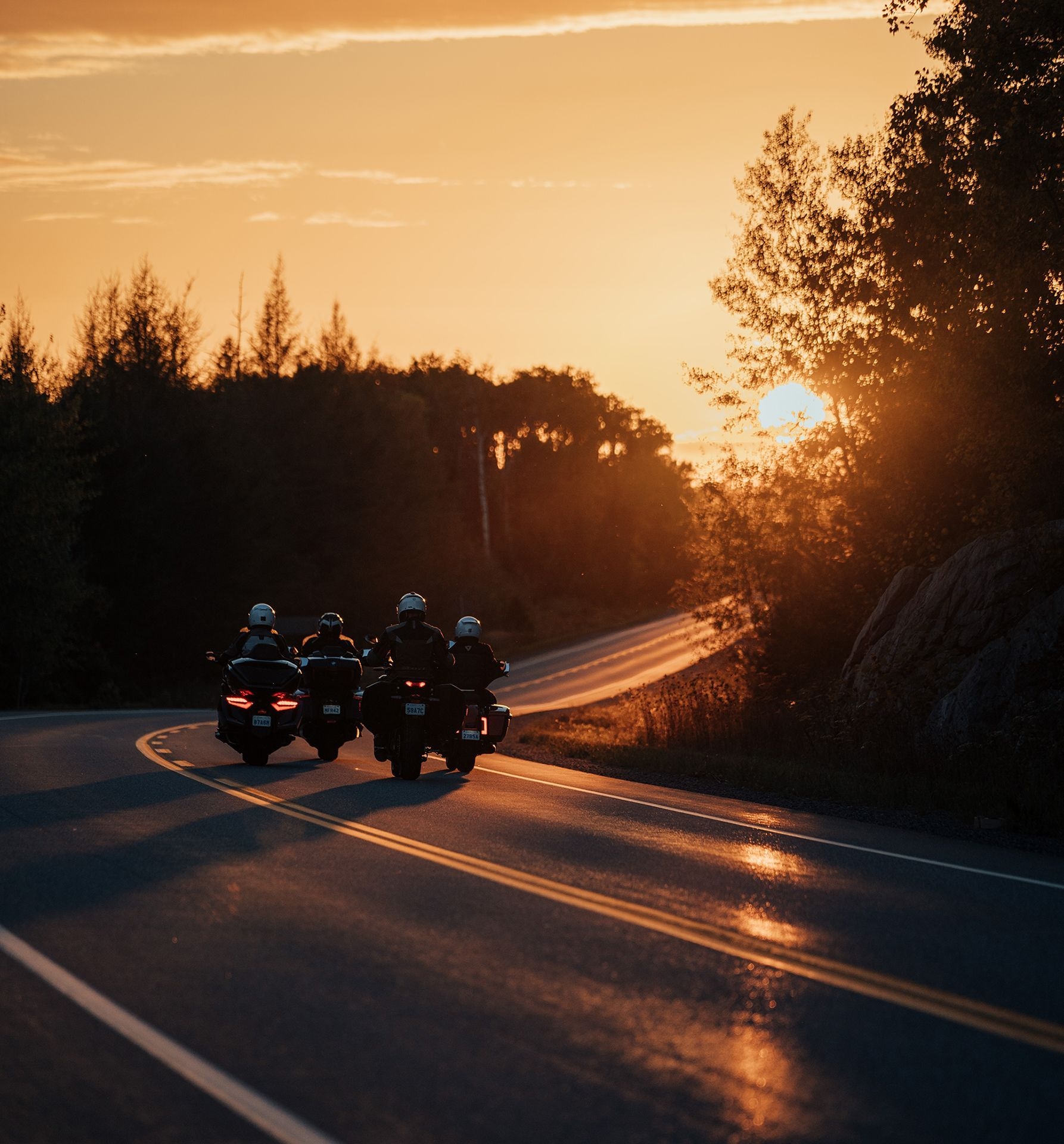 Quatre motocyclistes circulent sur une route sinueuse, faisant dos au soleil couchant.