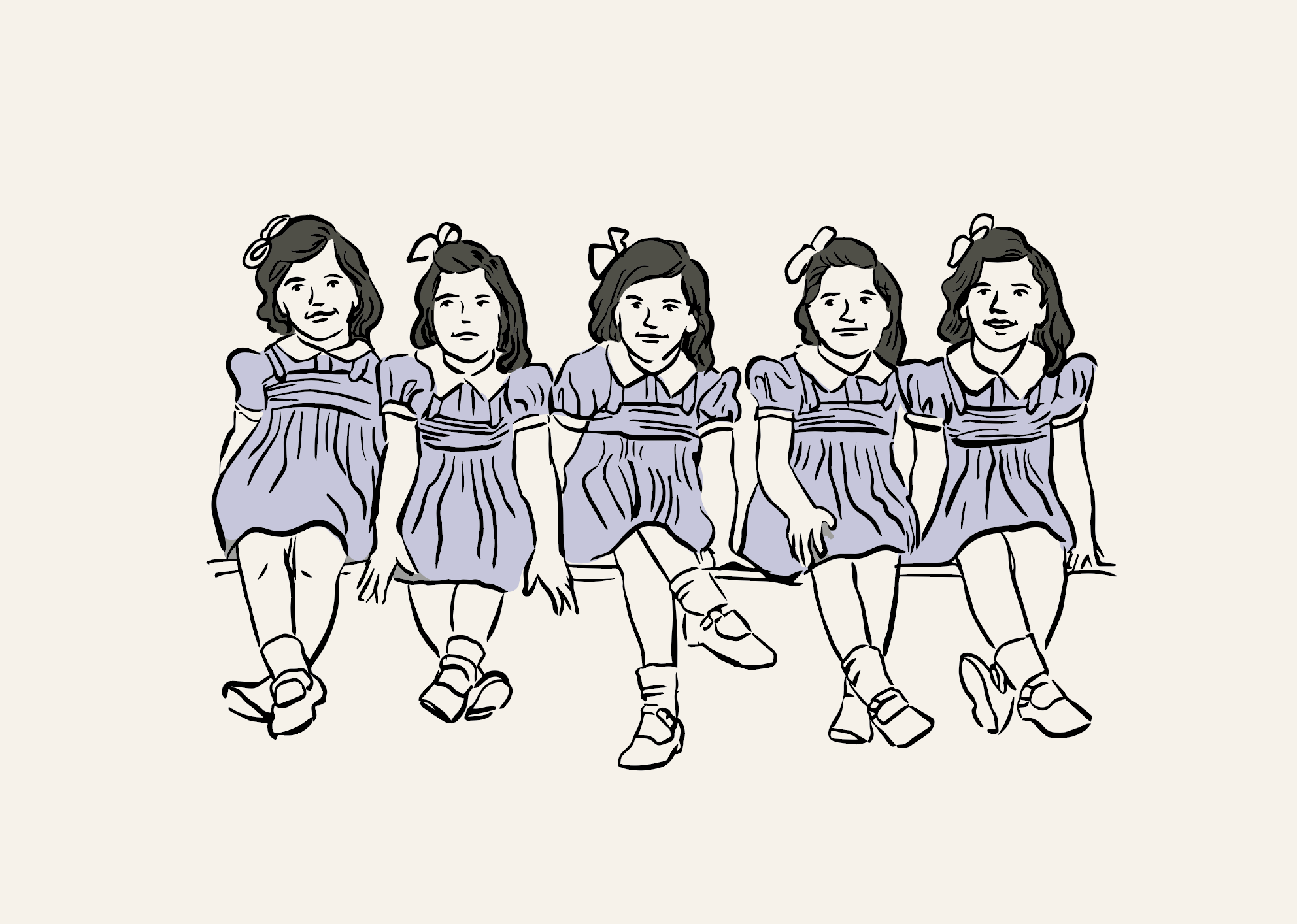 Un dessin en noir, blanc et bleu représente les quintuplées Dioone. Elles portent de petites chaussures, une robe bleue et ont des rubans dans les cheveux.